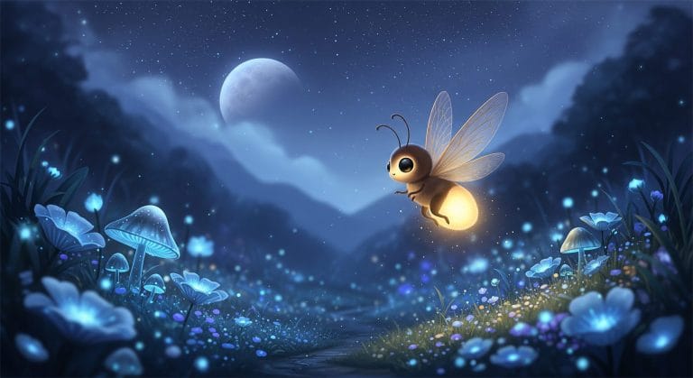 المخلوق الصغير فانوس يطير في وادي الأحلام المضيء تحت سماء مليئة بالنجوم والقمر، مشهد هادئ وخيالي يناسب الأطفال قبل النوم.